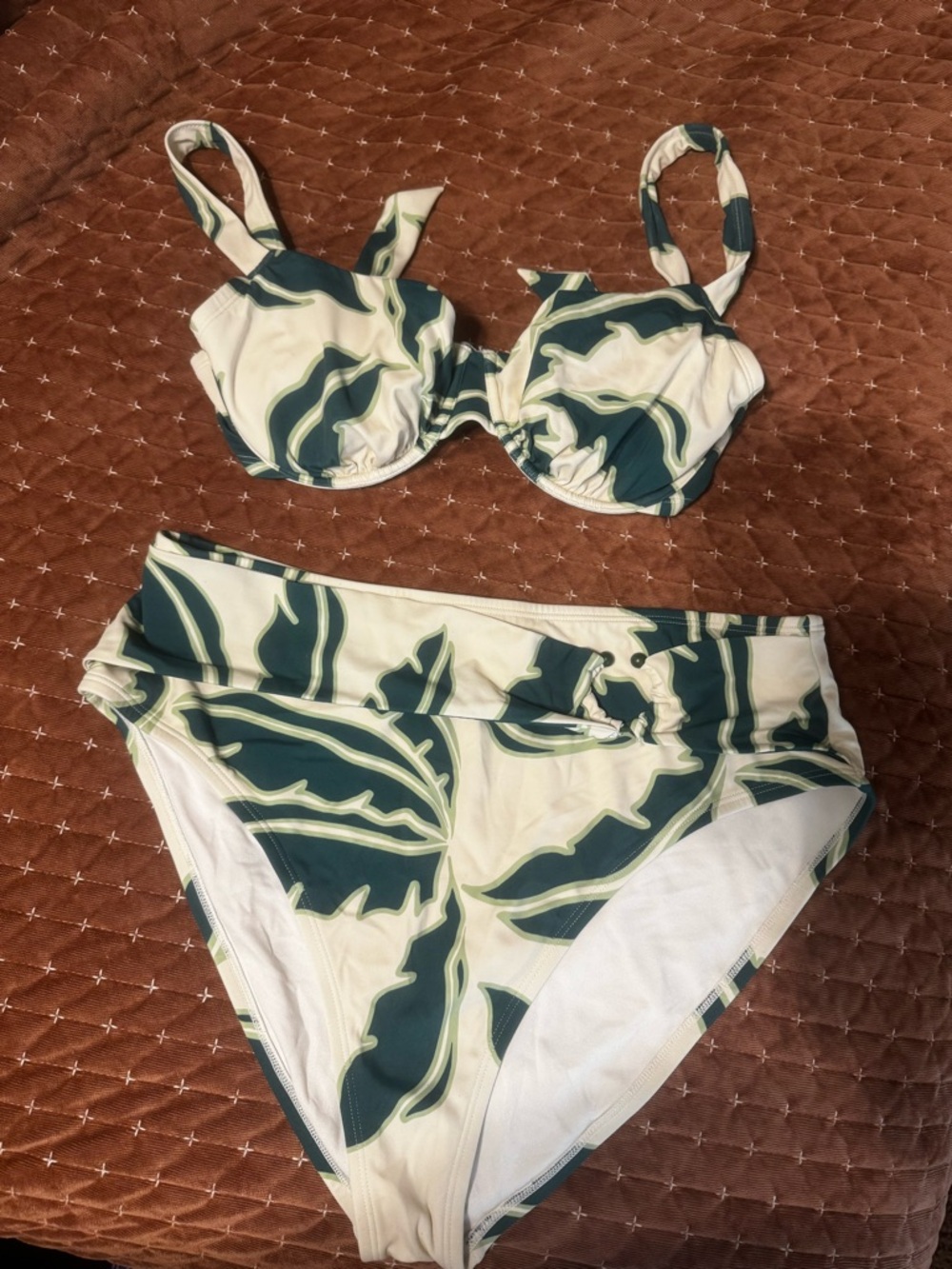 Shade & Shore White and Dark Green Leaf Print Bikini Set
